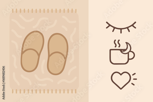 Cozy Night Essentials. Minimalist vector strip with slippers on soft rug and rest icon set for rug texture, closed eye icon, night