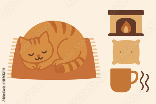 Cozy Cat Vibes. Flat vector illustration featuring cat curled up on rug and peaceful home icon set for firelight, cushion, mug and