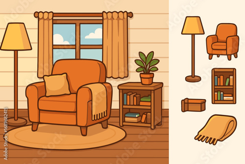 Cozy Living Room Icons. Cartoon-style horizontal panel showing cozy living room and interior icon set for floor lamp, armchair,