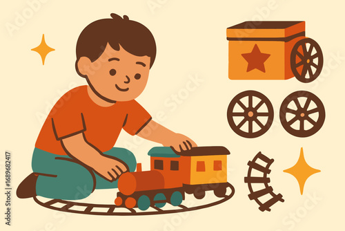 Child's Nostalgic Playtime. Stylized flat vector of child playing with train set and nostalgia icon set for toy box, wheels,
