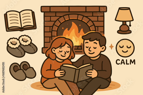 Cozy Reading Moments. Cartoon-style banner depicting couple reading near fire and quiet moment icon set for open book, wool