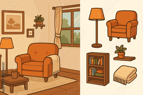 Cozy Living Room Icons. Cartoon-style horizontal panel showing cozy living room and interior icon set for floor lamp, armchair,