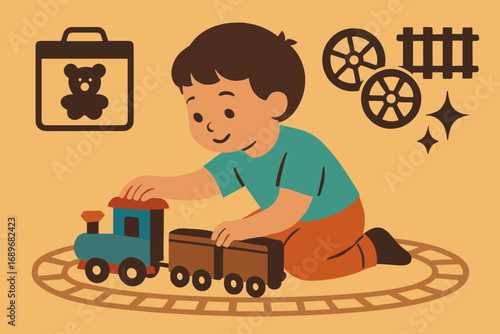 Child's Nostalgic Playtime. Stylized flat vector of child playing with train set and nostalgia icon set for toy box, wheels,
