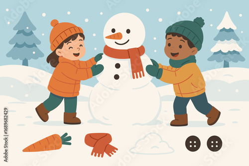 Kids Building Snowman. Horizontal vector banner showing kids building snowman and outdoor play icon set for carrot nose, scarf,