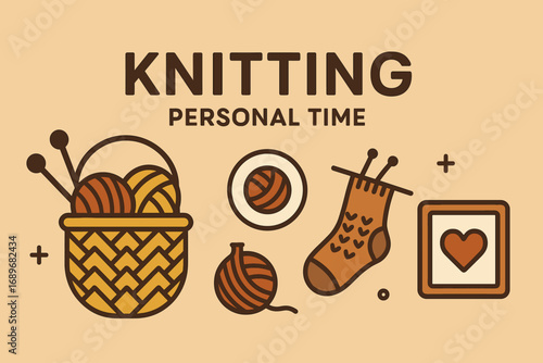 Knitting Essentials Banner. Flat vector banner with knitting basket and personal time icon set for yarn ball, needles, sock