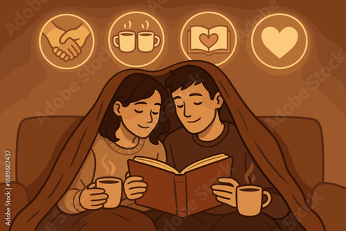 Cozy Couple Connection. Scene with couple under one blanket and connection icon set for joined hands, shared tea, shared book and