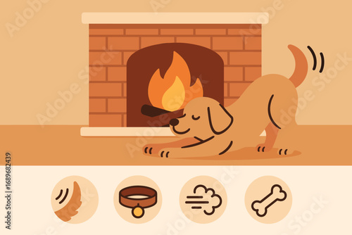 Cozy Dog by Fire. Flat scene showing dog stretching by fire and comfort detail icon set for tail wag, collar bell, soft breath and