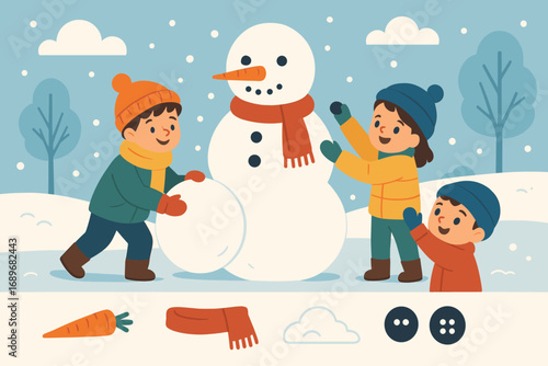 Kids Building Snowman. Horizontal vector banner showing kids building snowman and outdoor play icon set for carrot nose, scarf,