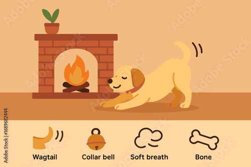 Cozy Dog by Fire. Flat scene showing dog stretching by fire and comfort detail icon set for tail wag, collar bell, soft breath and