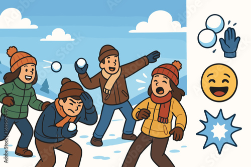 Snowball Fight Fun. Cartoon-style banner depicting snowball fight between friends and fun icon set for snowballs, shield pose,