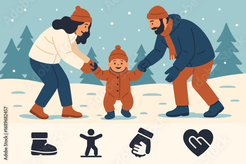 Toddler's Snowy First Steps. Modern vector panel showing parents teaching toddler to walk in snow and first steps icon set for