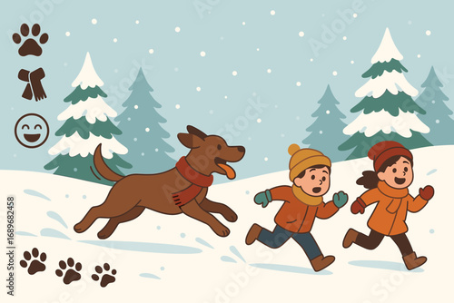 Dog Chasing Snow Fun. Wide vector layout with dog chasing kids in snow and pet play icon set for paw trail, scarf, joy icon and