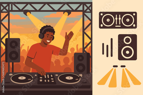 Outdoor DJ Party Vibes. Horizontal composition showing DJ playing at outdoor stage and party icon set for turntables, speakers,