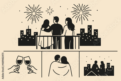 Fireworks Balcony Moments. Minimalist vector strip with friends watching fireworks from balcony and intimate moment icon set for