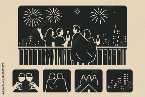 Fireworks Balcony Moments. Minimalist vector strip with friends watching fireworks from balcony and intimate moment icon set for