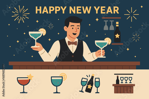 New Year Cocktails. Flat scene showing bartender serving New Year cocktails and nightlife icon set for glasses, bottle, clink icon