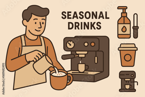 Barista's Coffee Haven. Creative vector layout with barista preparing seasonal drinks and cafe stand icon set for espresso machine