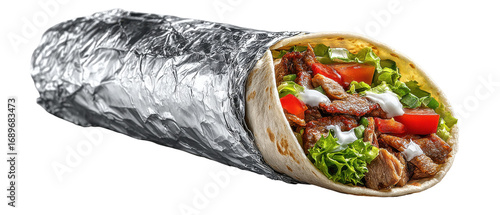 Delicious Meat Burrito Wrapped in Foil Isolated on Transparent Background