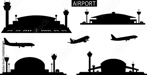 Airport with plane and facilities silhouette vector, transportation concept illustration for background.
