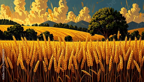 Golden wheat field with dramatic sky
