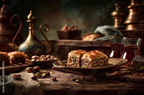 Sweet Delights: Baklava, Nuts, and Tea in Golden Light