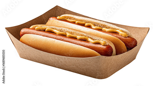 Three Hot Dogs With Mustard In A Brown Paper Boat On Transparent Background