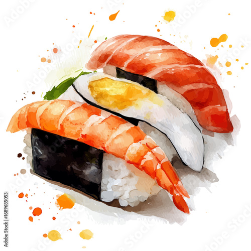 watercolor vector of Sushi, isolated on a white background.