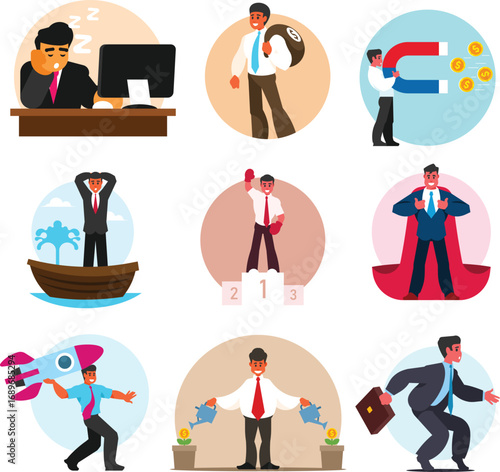Business success and challenge concept vector illustration set