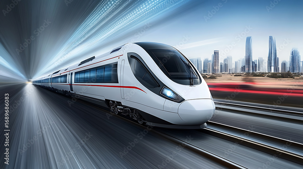 Fototapeta premium High-Speed Train Racing Through Urban Landscape