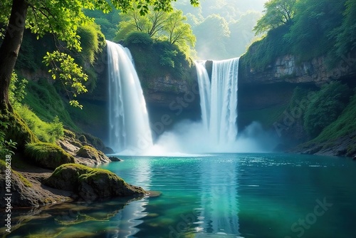 Serene waterfall cascading into a tranquil waterfront, surrounded by lush greenery and mist Perfect for travel, nature, and relaxation themes , tranquility, vibrant green