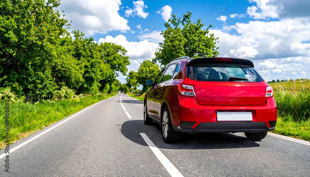 Fototapeta premium Red car on a sunny country road