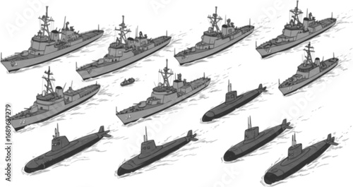 Set of various navy ships and submarines protecting their country's waters
