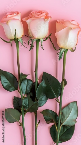 Elegant Peach Roses on Pink Background Three Stems