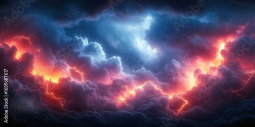 A breathtaking view of a stormy night sky with powerful lightning strikes.