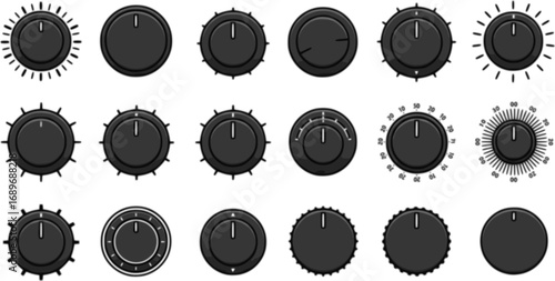 Volume control knobs icons set. Collection of simple black round turning switches, sound or multimedia settings, audio knobs, volume regulators, control panel ... See More
