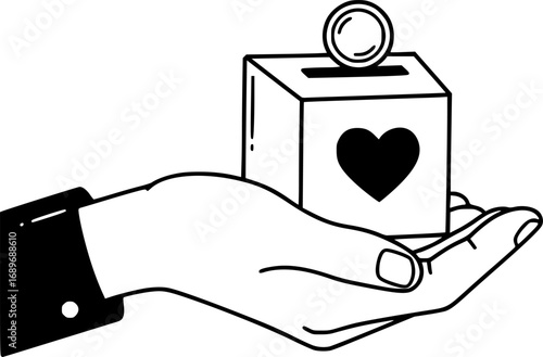 Hand is holding a donation box with a heart symbol, representing charitable giving and support
