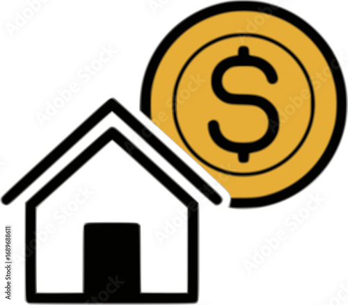 Simple icon of a house with a large golden coin, representing real estate investment, mortgage and property ownership

