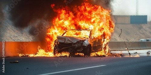 A car burns fiercely on a highway after a violent accident, with billowing smoke.