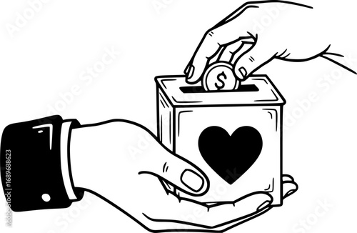 Hand is holding a donation box with a heart symbol, representing charitable giving and support
