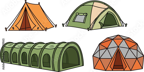 Set of camping tents in the mountains. Set tourist tent in the mountains icons editable vector illustration