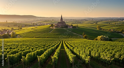 Vineyard Landscape with Church Tower at Sunrise.