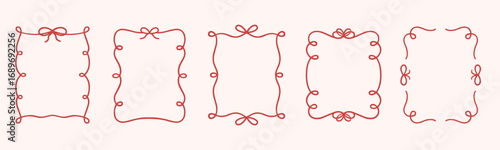 Whimsical wedding frame doodle set. Coquette boarders with bows and ribbons in sketch style. Hand drawn Vintage vector illustration for Valentine’s Day, wedding invitations.