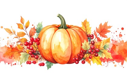Watercolor pumpkin and autumn leaves