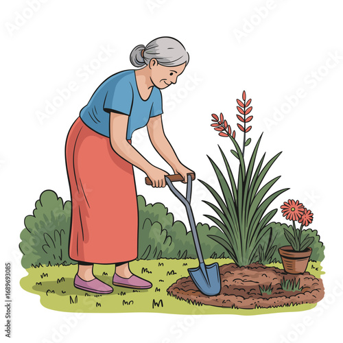 Hand-drawn illustration of elderly woman gardening with a shovel