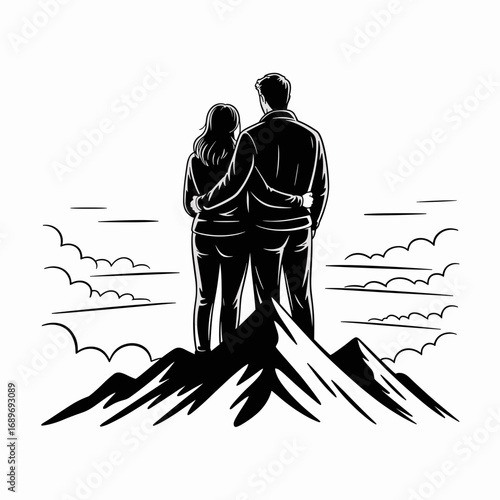 Couple on mountain top, hand-drawn illustration capturing love and adventure, scenic view
