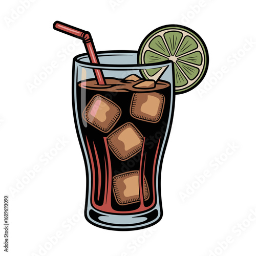 Hand-drawn illustration of a glass of cola with lime and ice