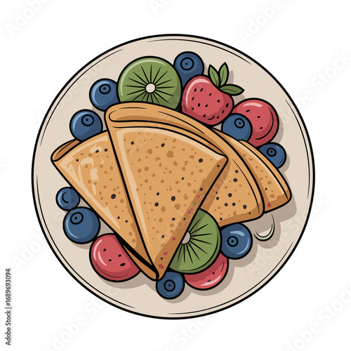 Hand-drawn illustration of crepes with fruit on a plate