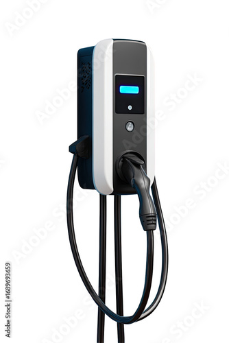 Wall-mounted EV charger, black and white, with  charging cable