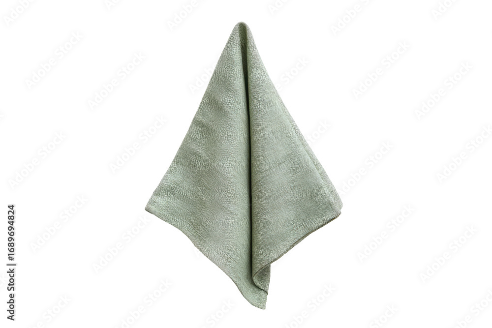 Naklejka premium A sage green linen napkin, folded in a triangular point, hangs suspended against a black background