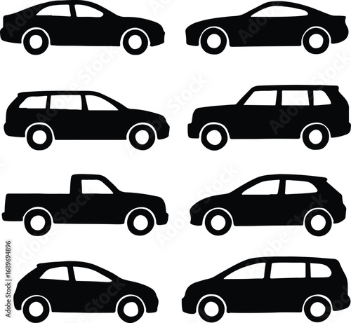 Car Silhouettes Vector Set – Sedan, SUV, Pickup Truck, Hatchback, and Crossover Vehicles